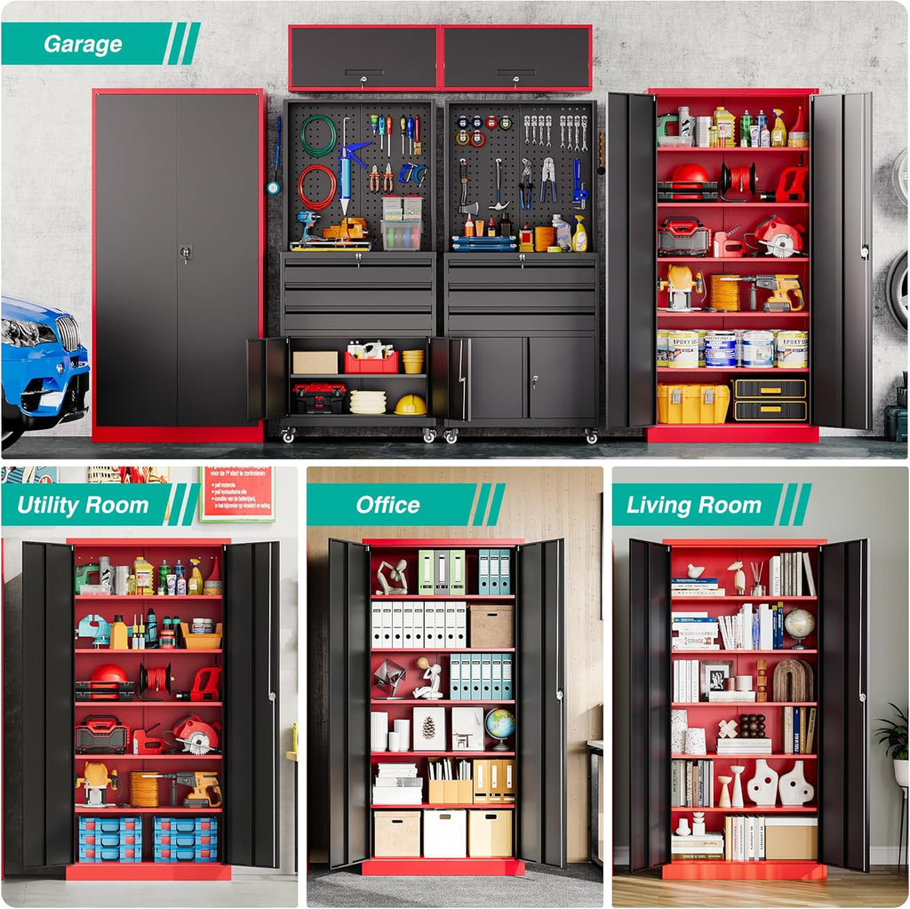 SISESOL Red Metal Storage Cabinet with Locking Doors and Shelves,Garage Storage Cabinet with Lock,Steel Locker,Lockable Cabinets for Home,Office,Shop,Garage Cabinets