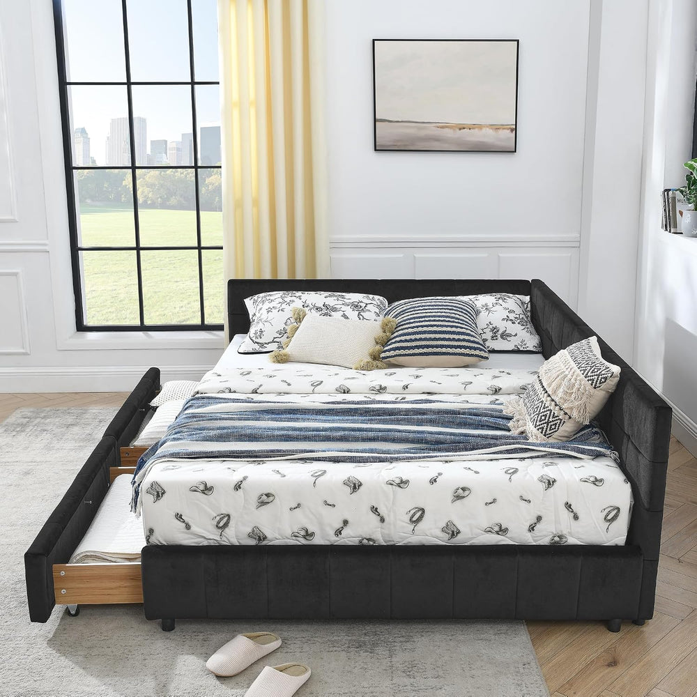 King Size Storage Bed Frame with Upholstered Tufted Headboard, Platform Bed w...