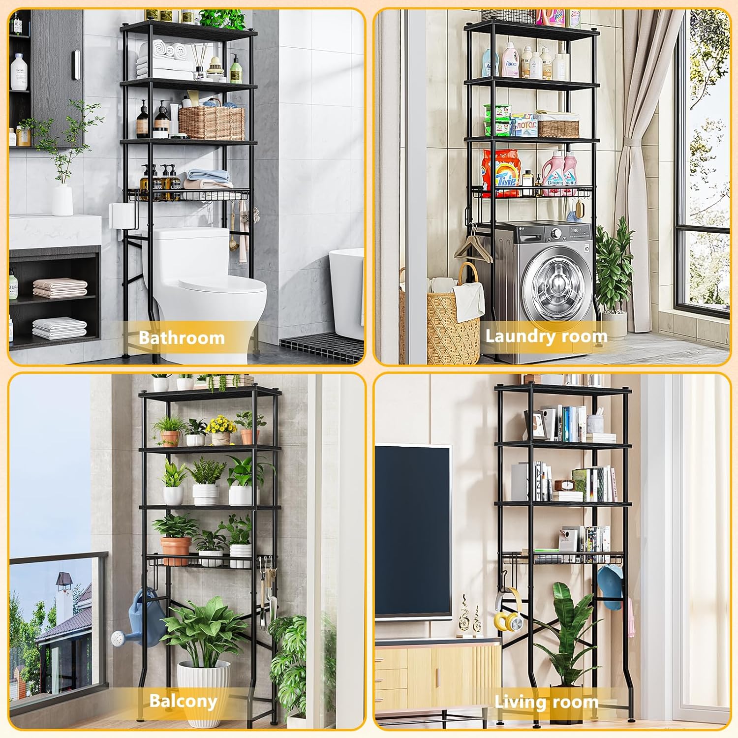 Over-The-Toilet Storage Rack, 4-Tier Bathroom Organizer Shelf Over Toilet with Adjustable Shelf and Basket, Freestanding Space Saver Bathroom Shelves Above Toilet for Room (Black)