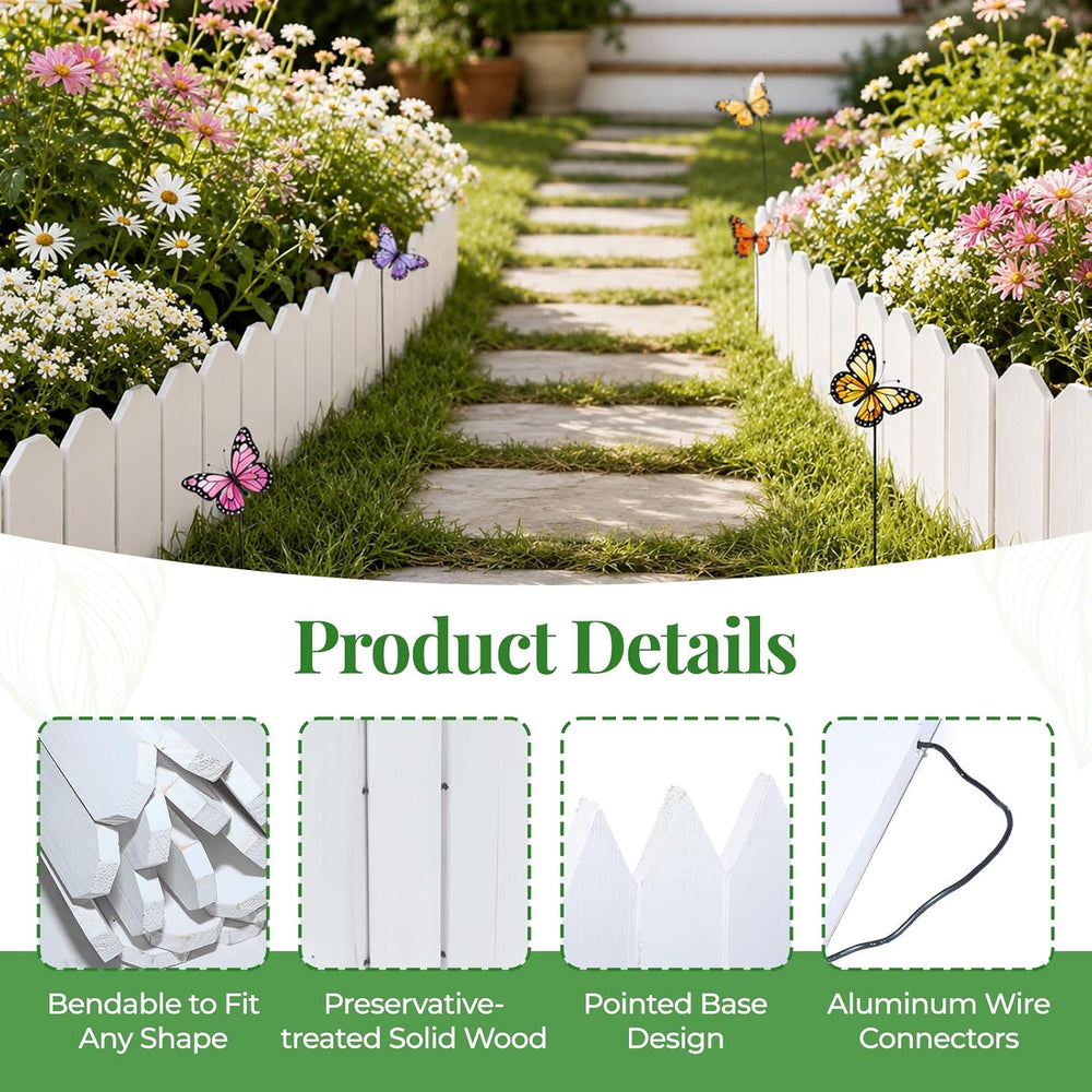 Wood Garden Edging, 12" H x 6.6 Ft L, 1 Pack, White Garden Fence
