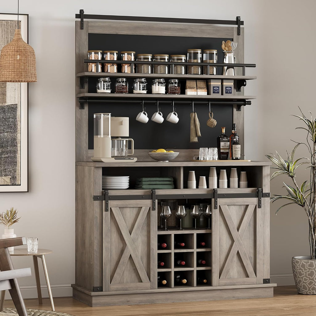 GarveeHome Bar Cabinet 75 in Tall Coffee Hutch Large Kitchens Hutch Farmhouse Coffee Bar Cabinet Cupboard with Sliding Barn Door (Gray)