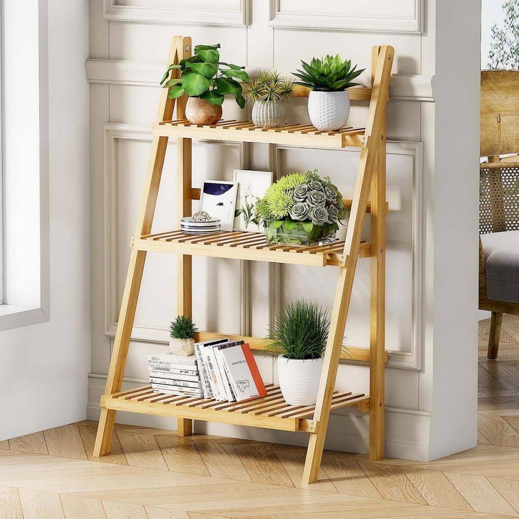 Foldable Ladder Shelf 39.4", Plant Shelf 3 Tier, Bamboo Ladder Flower Pot Display Shelf, Freestanding Ladder Bookshelf for Living Room, Balcony, Yard, Garden, 23.6"W x 15"D x 39.4"H, Natural