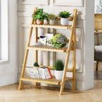 Foldable Ladder Shelf 39.4", Plant Shelf 3 Tier, Bamboo Ladder Flower Pot Display Shelf, Freestanding Ladder Bookshelf for Living Room, Balcony, Yard, Garden, 23.6"W x 15"D x 39.4"H, Natural
