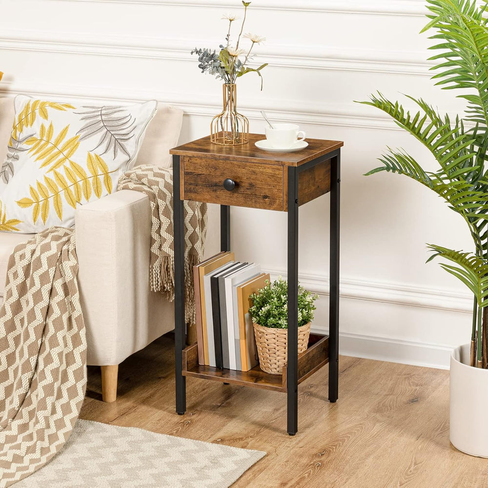 HOOBRO Tall End Table, Nightstand, Industrial Side Table with Drawer and Stor...