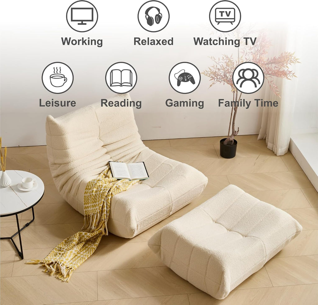 Dineli Bean Bag Chairs for Adults, Beanbag Chair with Ottoman Lounge Sofa Memory Foam Comfy Reading Chair for Bedroom & Living Room, Lazy Floor Sofa Couch (White, with Ottoman)