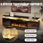 PRETZI 70" Modern Fireplace TV Stand with 36" Electric Fireplace for TVs Up to 80 inch, Luxury LED Light Entertainment Center with High Gloss Cabinet (Black, 70" (8 Acrylic Posts))