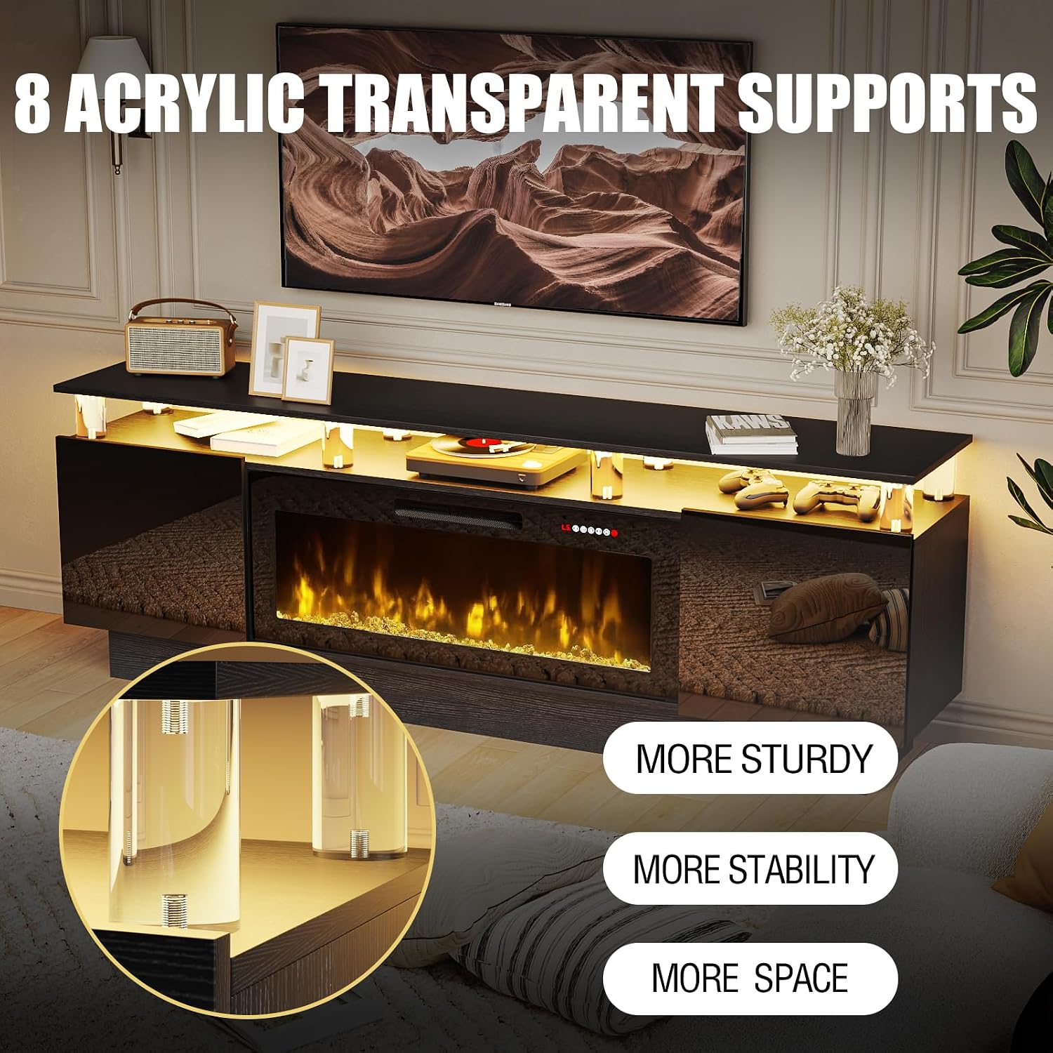 PRETZI 70" Modern Fireplace TV Stand with 36" Electric Fireplace for TVs Up to 80 inch, Luxury LED Light Entertainment Center with High Gloss Cabinet (Black, 70" (8 Acrylic Posts))