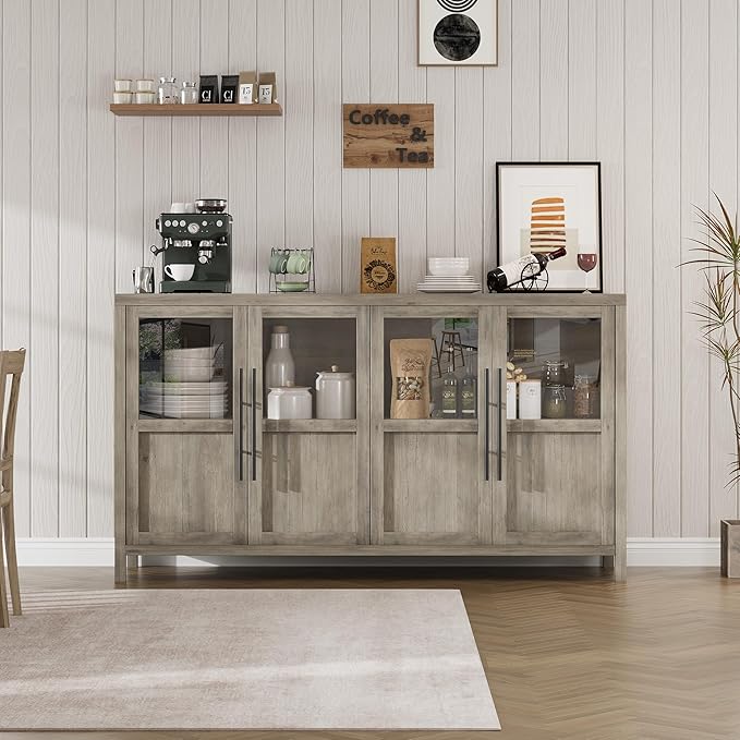 GarveeHome Sideboard Buffet Cabinet with 4 Glass Doors, 55" Buffet Table Coffee Bar Wine Bar Display Cabinet for Kitchen Dining Room, Living Room (Grey, Glass with 4 Doors)
