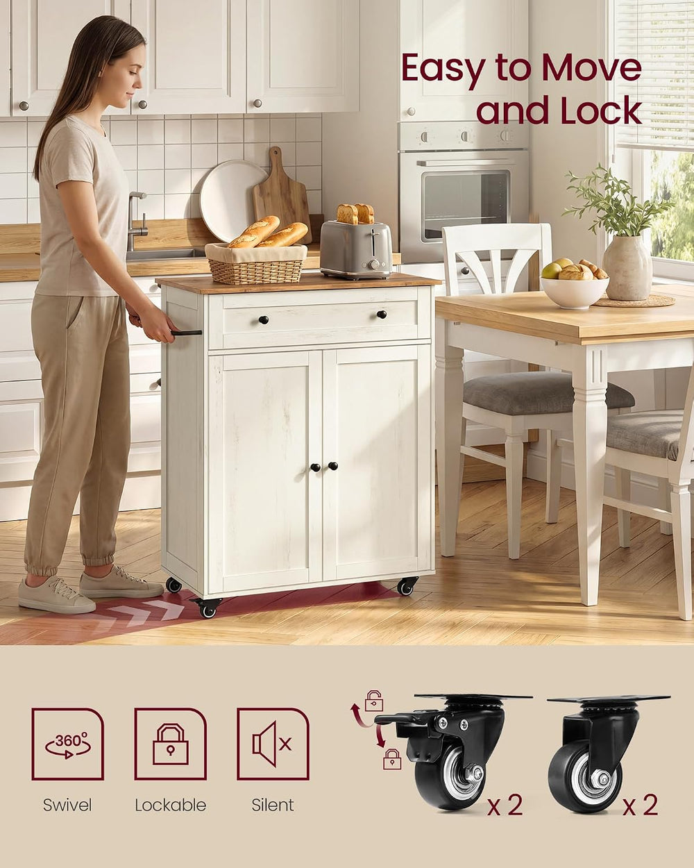 VASAGLE Mobile Kitchen Wooden Island Cart with Storage for Dining Room