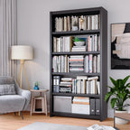 Bookshelf, 5 Shelf Bookcases, Tall Bookcase for Heavy Books, CDs, Movies, Garage Kit, Modern Display Shelf for Library Home Office Bderoom Living Room, Metal Bookshelves Industrial Black