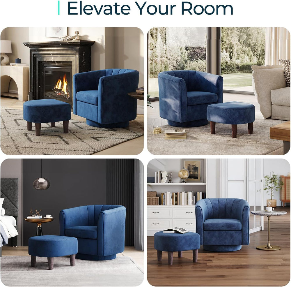 LINSY Small Swivel Accent Chair with Ottoman, Velvet Barrel Chair with Footre...