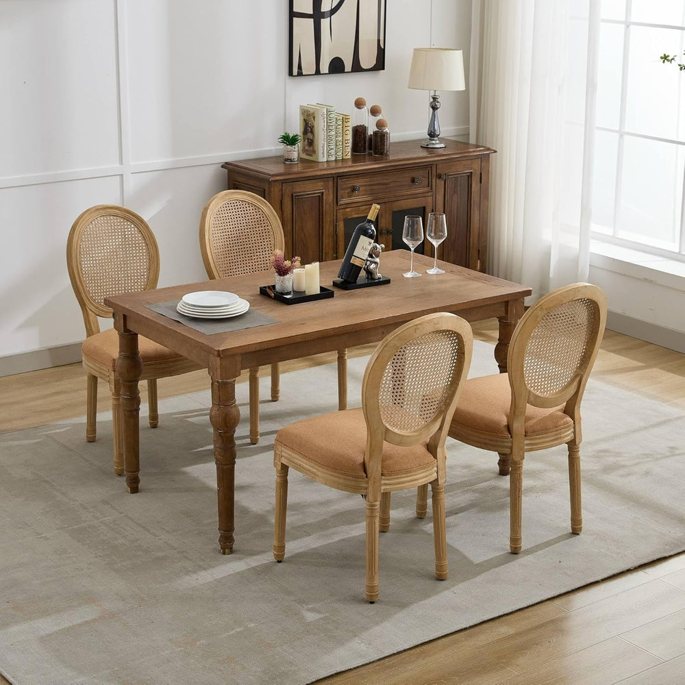 Vintage French Rattan Dining Chairs Set of 4, Round Back Accent Chairs with R...