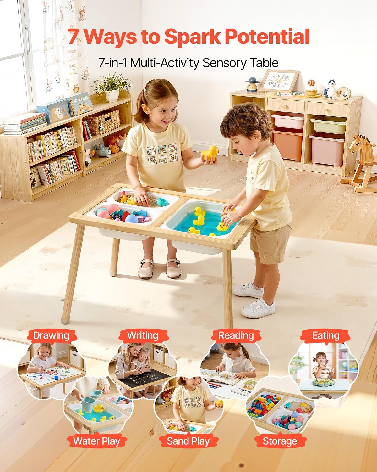 VEVOR Sensory Table for Toddlers, Wooden Kids Activity Table with Reversible Double-Sided Board, Storage Bins, and Non-Slip Feet, for Boys and Girls Playing Sand and Water, Drawing, Studying, Dining