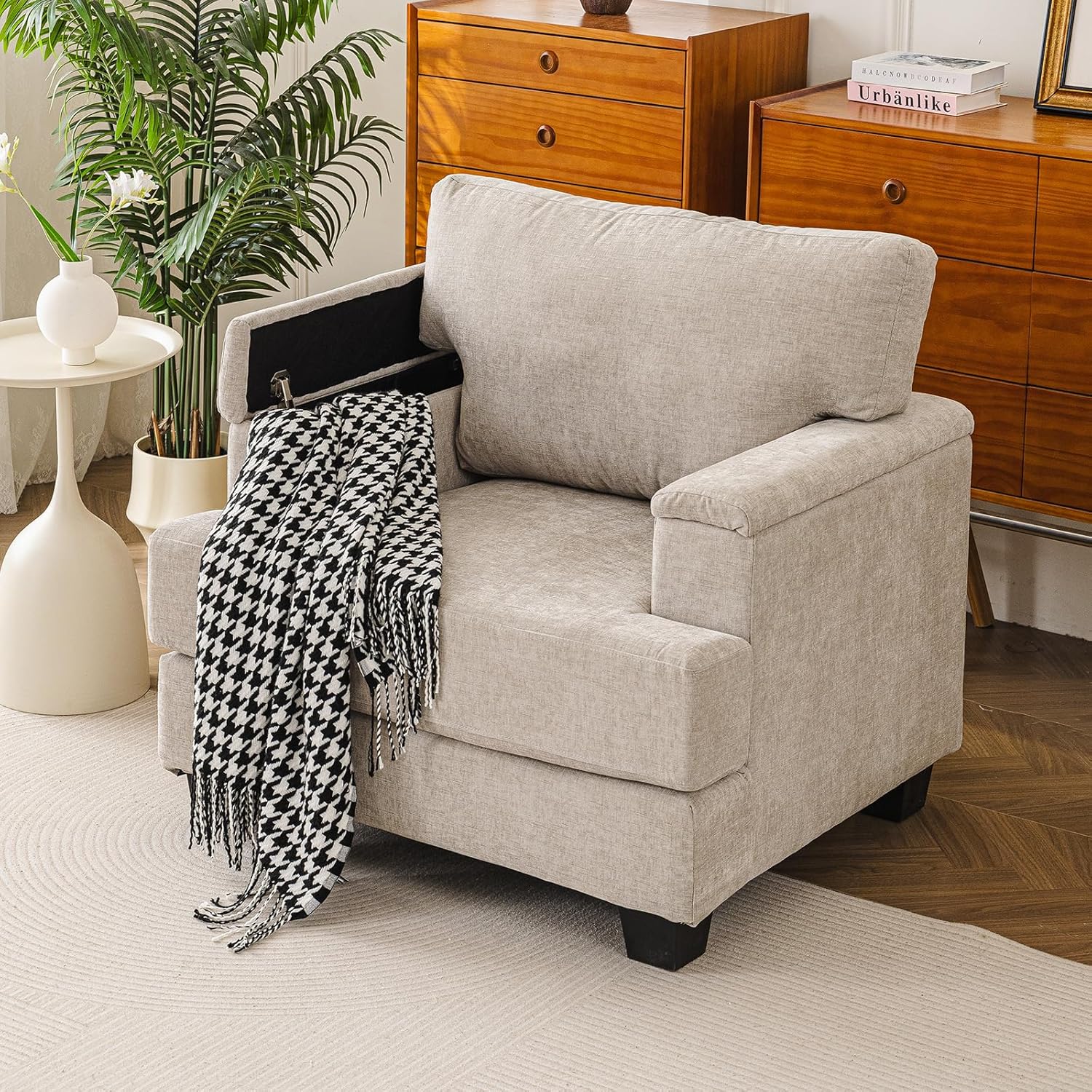 Oversized Accent Chair with Armrest Organizer,Comfy Living Room Chairs with Thick Cushion,Upholstered Linen Fabric Armchair,Big Reading Chair,Sofa Chair for Bedroom,Khaki