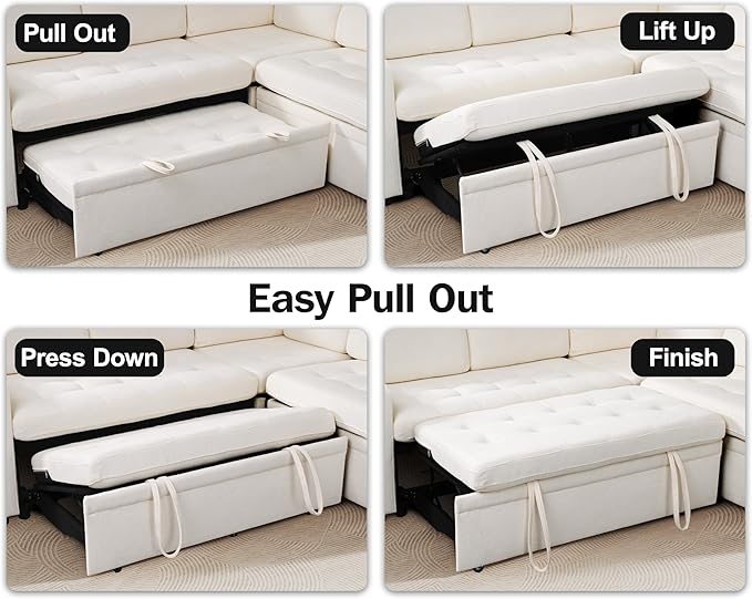 Vipbear 5 Seat L Shaped Modular Sectional Sleeper Sofa Bed with Pull Out Bed/Reclining Backrest/USB Ports/Storage Seat, Sectional Sleeper Couch, Tool-Free Assembly, Chenille Beige