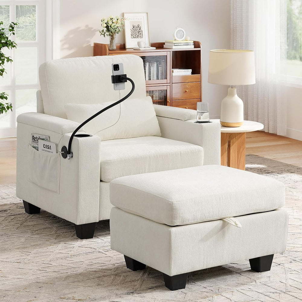 Small Chaise Lounge Chair Indoor with Ottoman&Adjustable Backrest,Chenill...