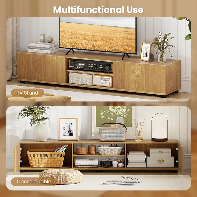 Tangkula Modern TV Stand for up to 70” TVs, 63”L Minimalist Entertainment Center w/ 2 Doors & Open Shelves, Media Console Table Storage Cabinet with 6 Support Feet for Living Room (Natural, 63”L)