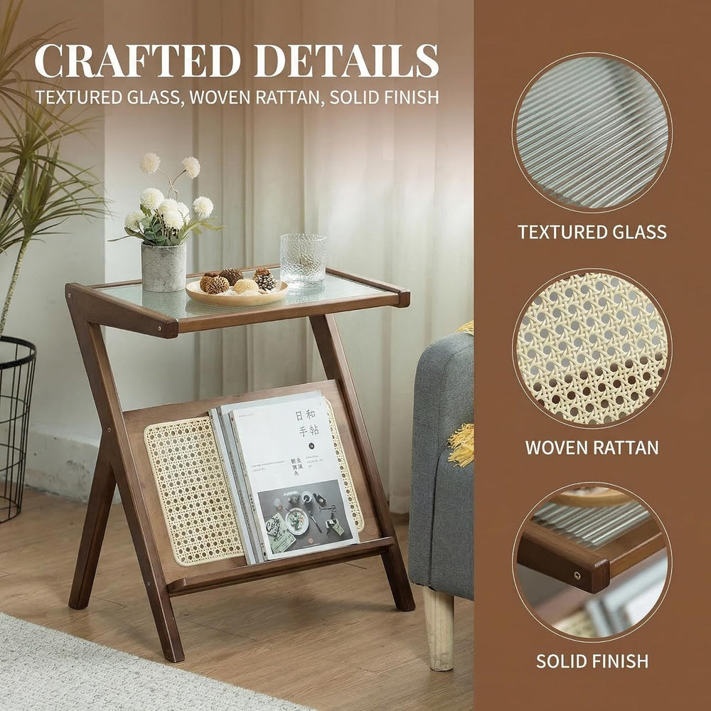 Boho Rattan Side Table, Wooden Accent Table with Magazine Storage Shelf, Mid ...