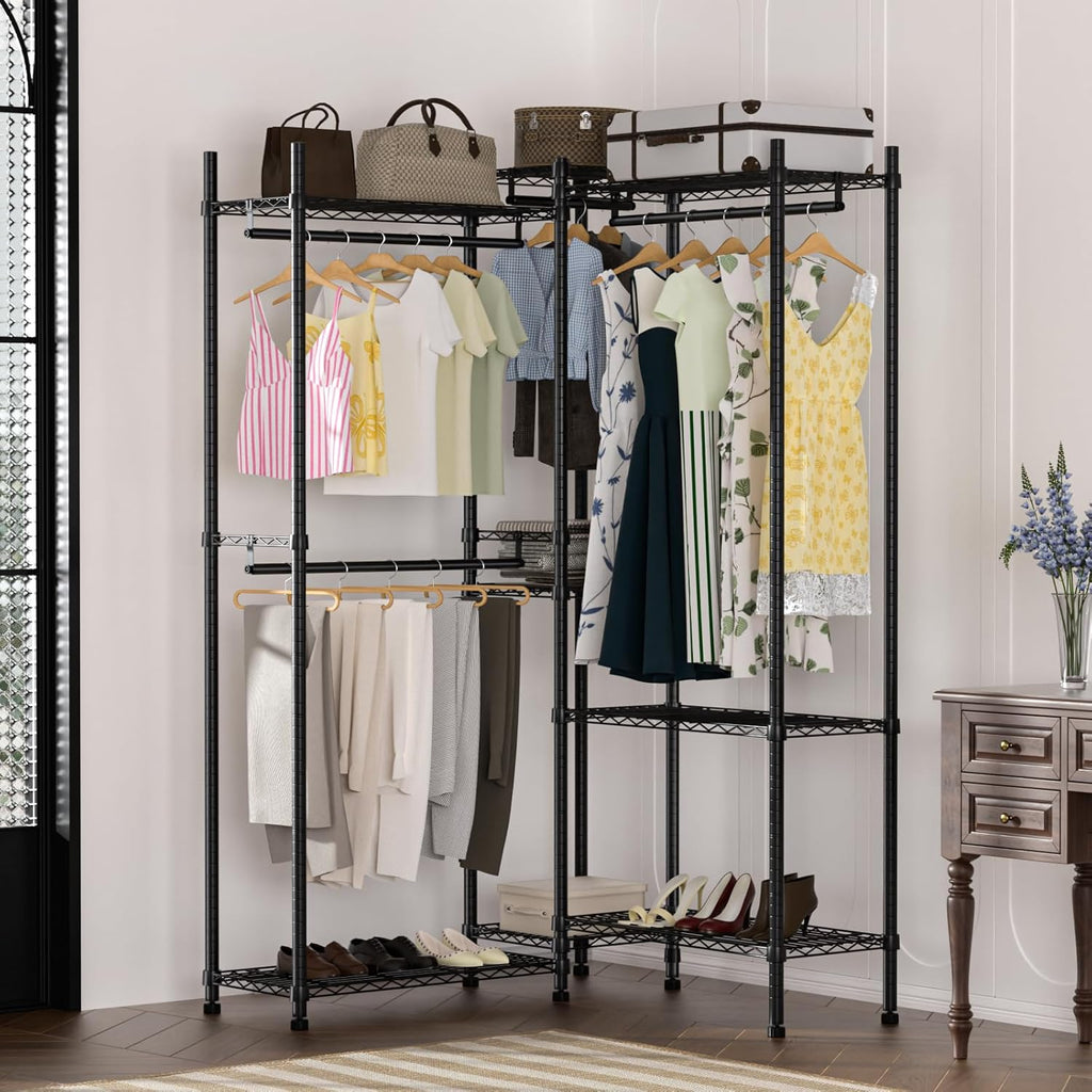 Garment Rack Heavy Duty Clothes Rack Adjustable Freestanding Metal Portable Wardrobe Closet Rack with Shelves for Hanging Clothes - 72" L x 14" W x 75" H, Black