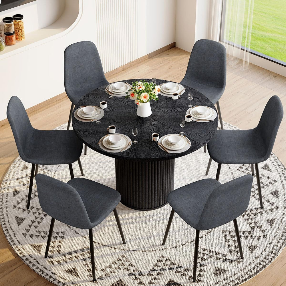 Round Dining Table Set for 6, Black Kitchen Table Set for 6 with 42''...