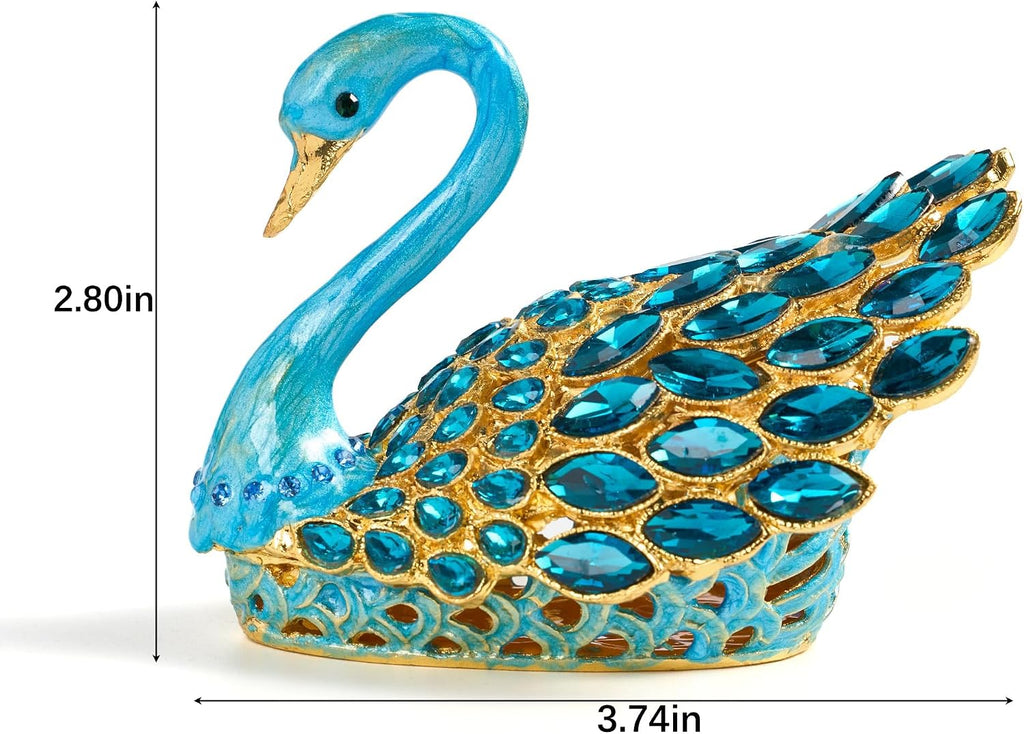 3.7-inch Blue Swan Figurine Jewelry Trinket Box, Enamel Hand-painted Swan Box with Gems, Hinged Jewelry Boxes - Ring Holder, Organizer, Home Decor, Wedding Favor Gift