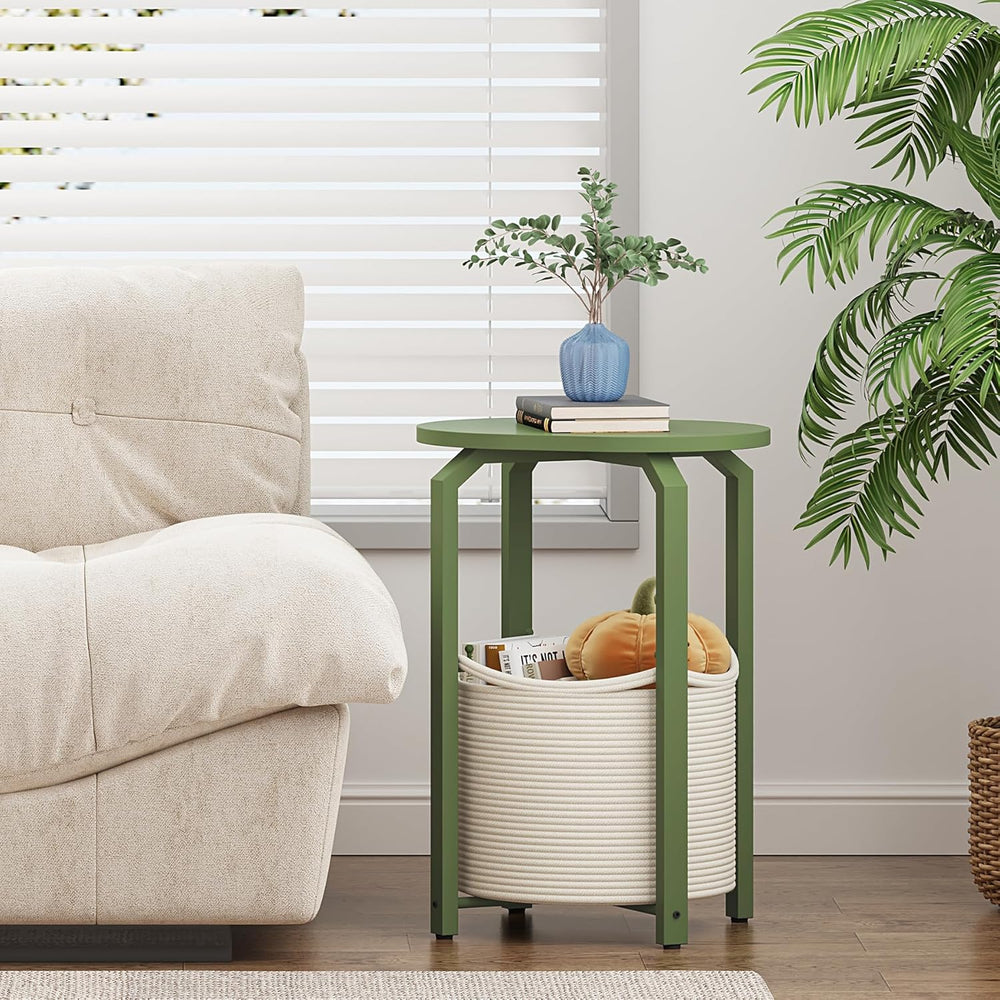 TUTOTAK Oval End Table with Woven Storage Basket, Olive Green Small Side Tabl...