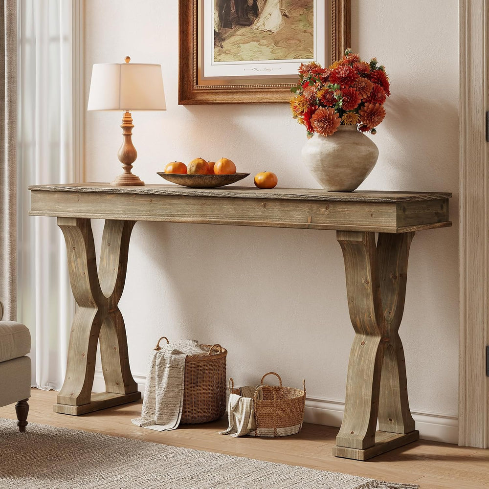 63-Inch Solid Wood Console Table, Farmhouse Narrow Entryway Table with X-Shap...