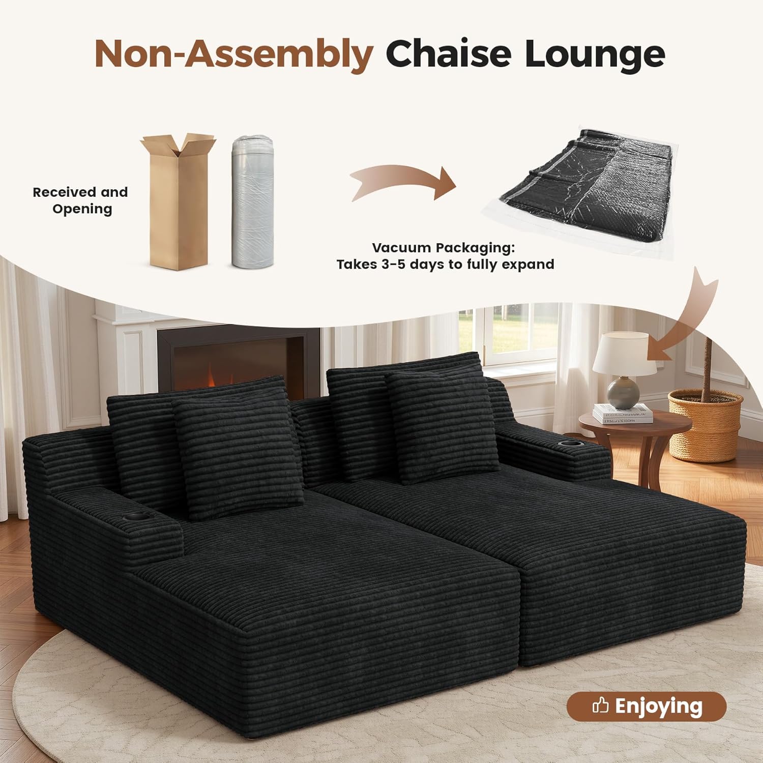 80'' Double Chaise Lounge Chair Indoor, Non-Assembly with Cup Holders 4pcs | Luxanimarion Deep Seat Sofa with Cup Holders Boneless Bed with 4pcs Pillows for Living Room Bedroom, Black- Corduroy