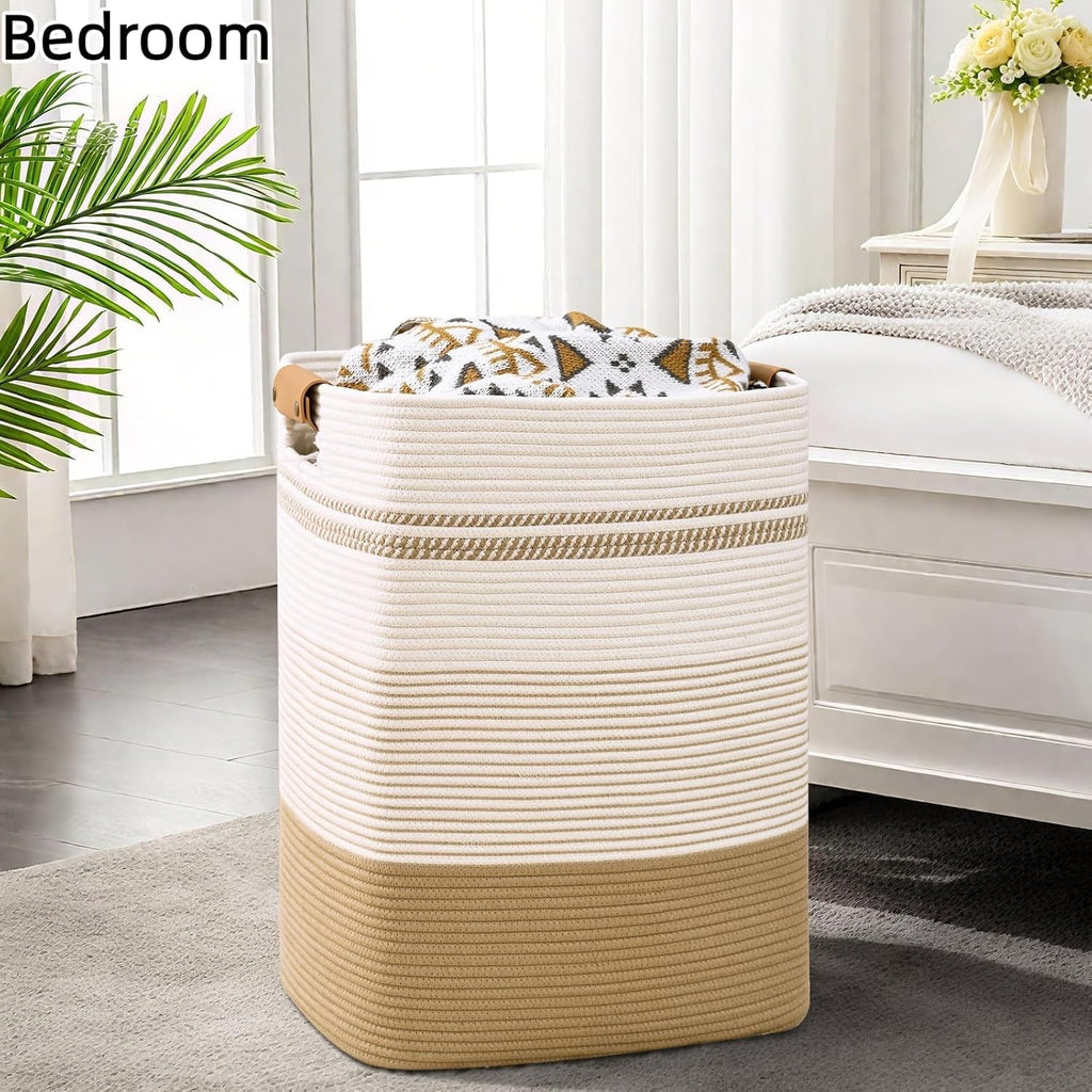 Laundry Hamper, 85L Tall Laundry Basket with Leather Handles, Rectangle Large Clothes Hamper for Organizing, Cotton Woven Laundry Baskets Storage Hampers for Bedroom, Nursery, Living Room