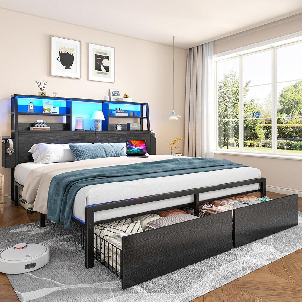 Homkdom Queen Bed Frame with 3-Tier Storage Headboard and 2 Drawers
