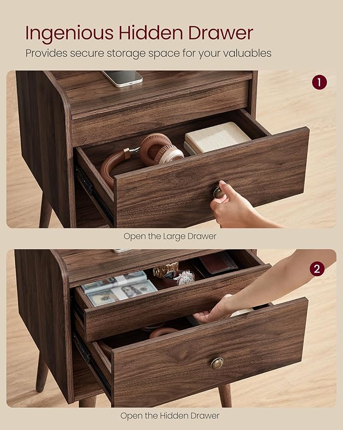 VASAGLE Nightstands, Set of 2, Bedside Tables with Hidden Drawers, Mid-Centur...