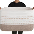 OIAHOMY 108L Extra Large Blanket Basket, 25”x16”x16” Rectangle Woven Cotton Rope Baskets for Living Room, Toy Storage with Handle- Gradient Light Brown