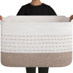OIAHOMY 108L Extra Large Blanket Basket, 25”x16”x16” Rectangle Woven Cotton Rope Baskets for Living Room, Toy Storage with Handle- Gradient Light Brown