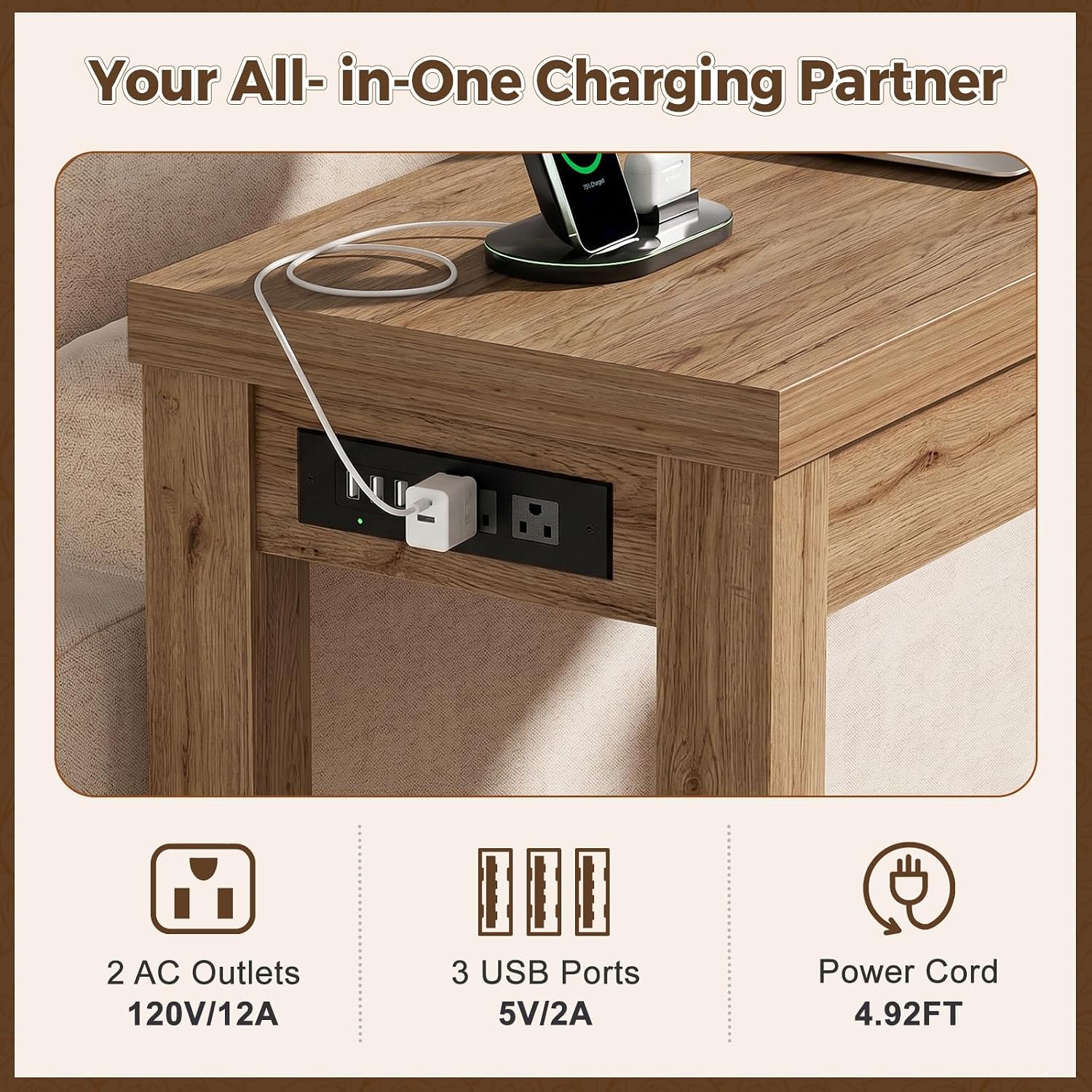Cyclysio 63" Console Table with Charging Station, 13.8" Deep Farmhouse Sofa Table Behind Couch with 2 AC Outlets & 3 USB Ports, Long Entryway TV Console or Home Office Desk, Natural Oak