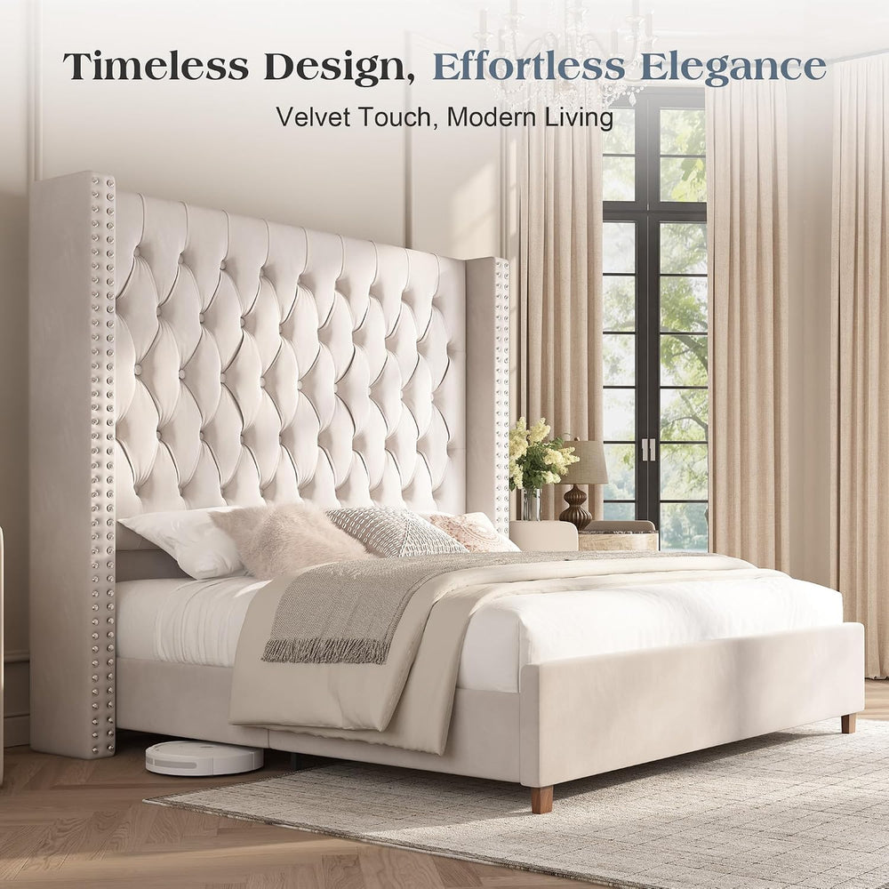 PaPaJet Queen Bed Frame 61.4" Tall Upholstered Wingback Headboard, Cream