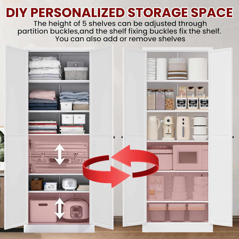 AQY Metal Pantry Cabinet with Doors & Shelves, 61” Tall White Kitchen Sto...