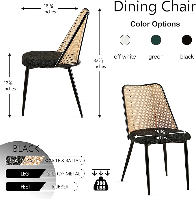 Dining Chairs Set of 2, Boho Rattan Back Dining Room Chairs Upholstered Boucle Round Dining Chairs