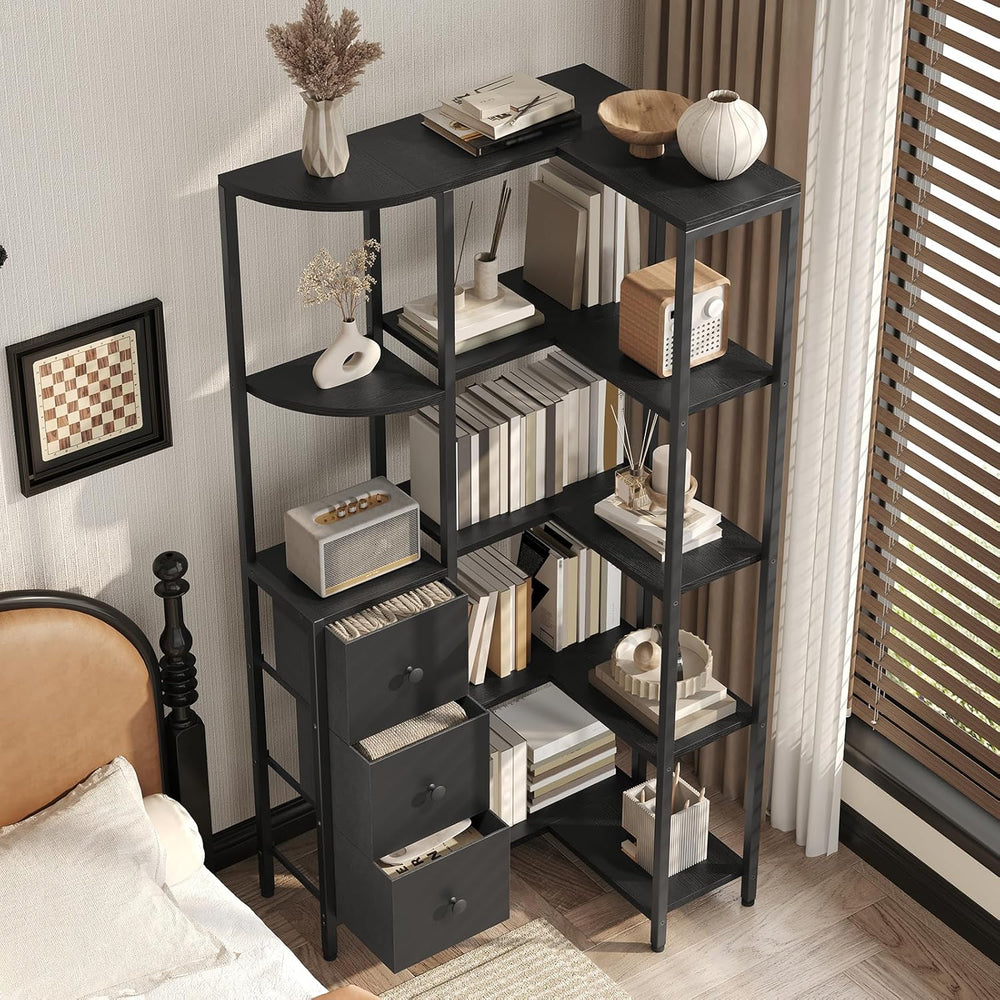 YATINEY Corner Bookshelf, 5-Tier L-Shaped Bookcase with 3 Fabric Drawers, Sto...