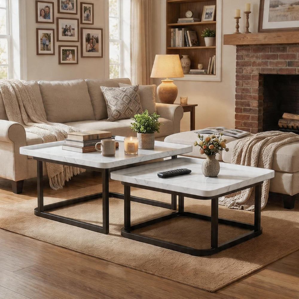 Set of 2 Nesting Coffee Tables, Space‑Saving Square Side Table Set, White | S...