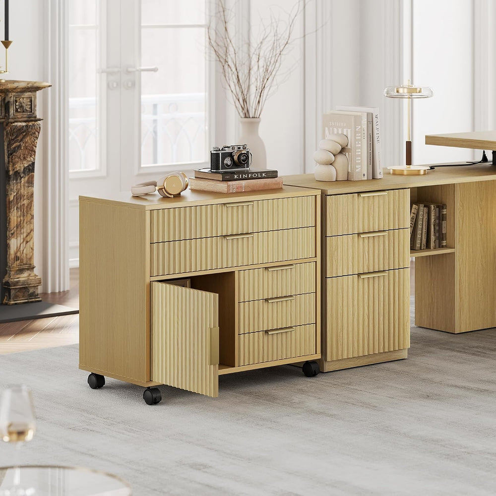 Fluted File Cabinet with 5 Drawers, Large Storage with Cabinet Door, Mobile F...