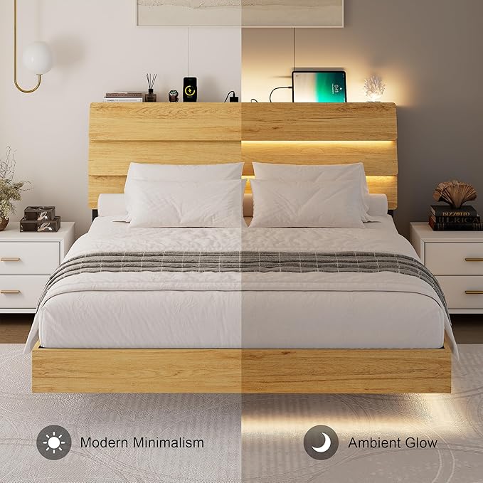 Feonase Floating Bed Frame Full with Led Lights and Charging Station, Wood Full Size Bed Frame with Storage Headboard, Heavy Duty Metal Slats, No Box Spring Needed, Easy Assembly,Oak