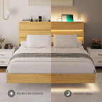 Feonase Floating Bed Frame Queen with Led Lights and Charging Station, Wood Full Size Bed Frame with Storage Headboard, Heavy Duty Metal Slats, No Box Spring Needed, Easy Assembly,Oak