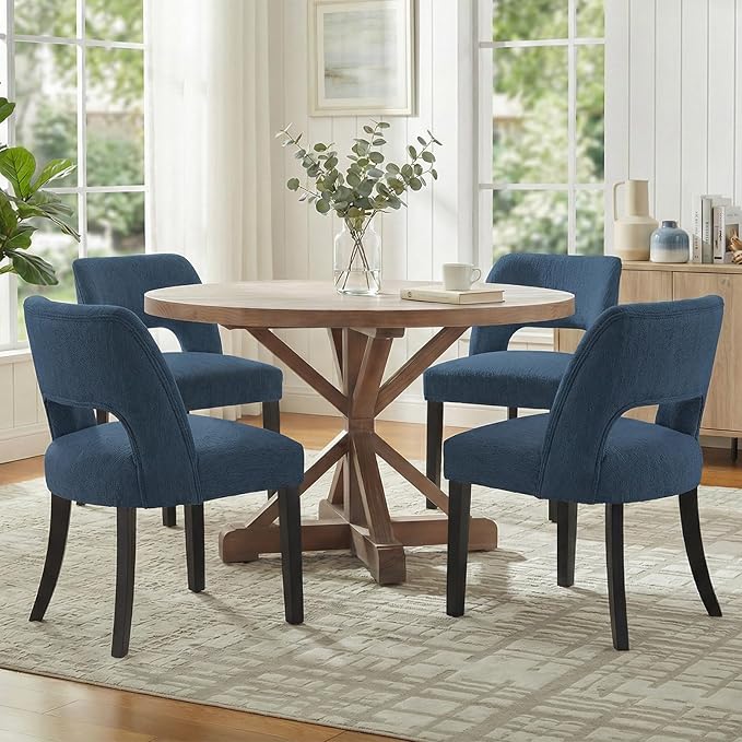 keoni Wooden Dining Chairs Set of 6, Mid Century Modern Upholstered Dining Room Chairs with Black Wood Legs, Fabric Farmhouse Kitchen Chairs with Foot Pegs for Dining Room, Blue