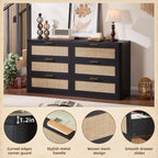 LEYAOYAO Rattan 6 Drawer Dresser for Bedroom Set of 2, Boho 54" Wide Black Dresser Chest of Drawers, Dressers TV Stand with Metal Handle, Storage Dressers Closet Organizer for Living Room, Hallway