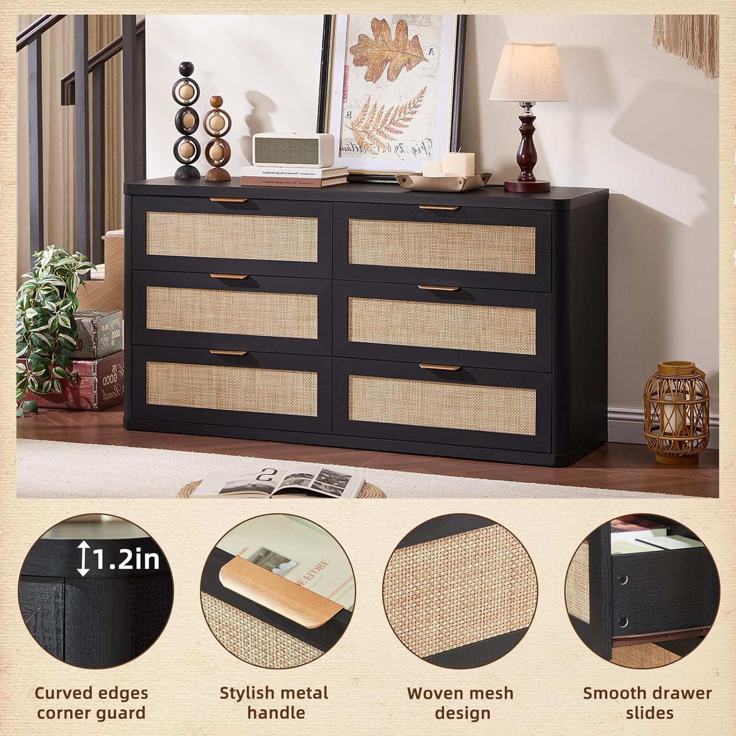 LEYAOYAO Rattan 6 Drawer Dresser for Bedroom Set of 2, Boho 54" Wide Black Dresser Chest of Drawers, Dressers TV Stand with Metal Handle, Storage Dressers Closet Organizer for Living Room, Hallway