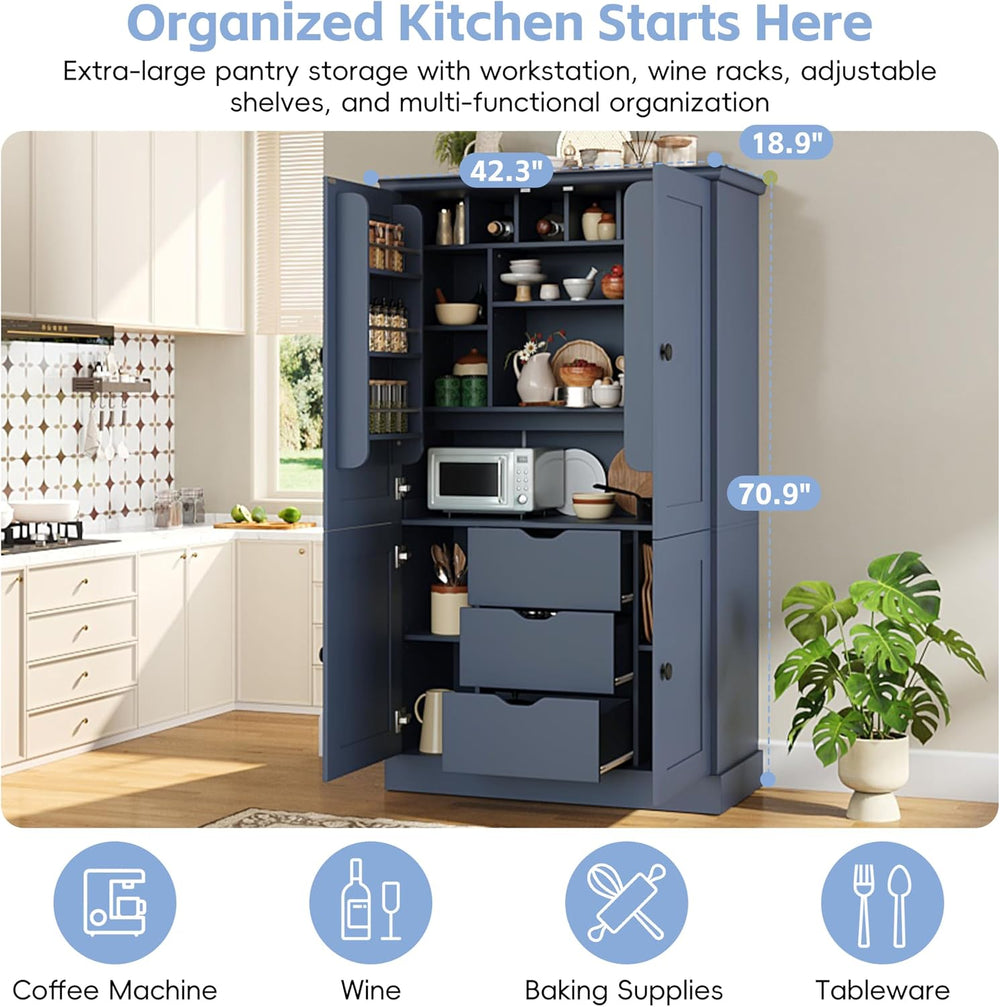 71" H Large Kitchen Pantry with 4 Doors, Freestanding Buffet with 3 Draw...