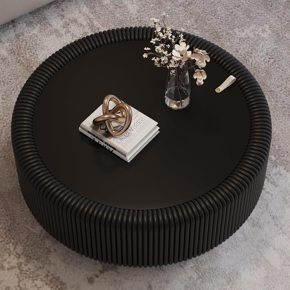 Round Coffee Table, Modern Black Coffee Table with Hidden Storage,Tempered Gl...
