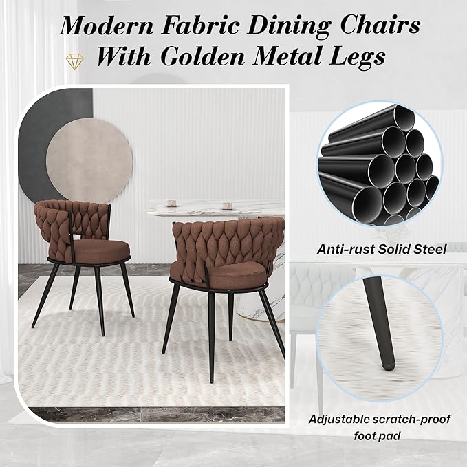 KCC Fabric Dining Chairs Set of 4, Modern Dining Chair with Metal Legs, Woven Upholstered Dining Chairs for Dining Room, Kitchen, Vanity, Living Room (Brown)