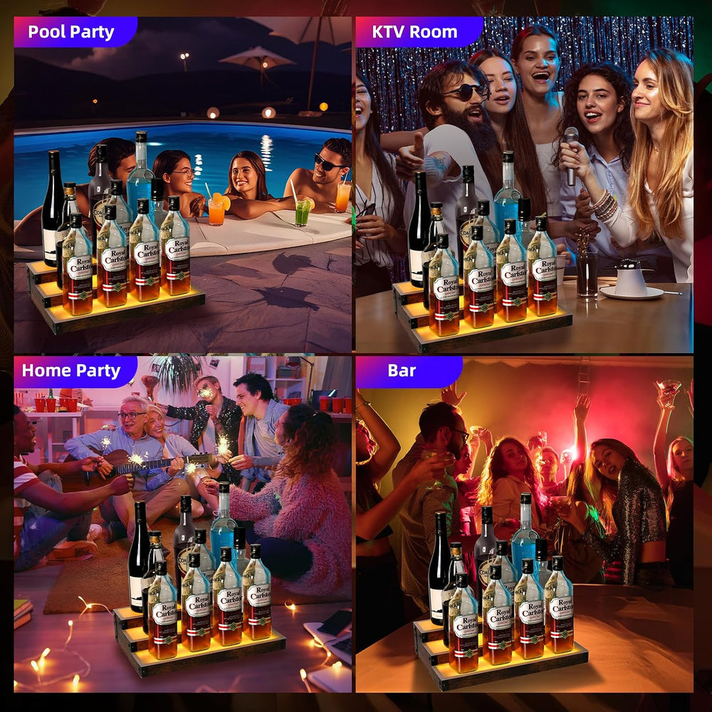 2-Pack 16‘’ LED Lighted Liquor Display, 3-Tier 32Inch Total Bar Shelves for L...