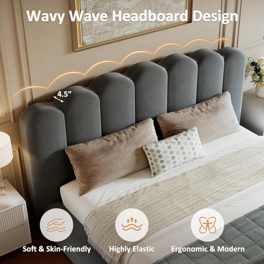 King Size Cloud Bed Frame with Headboard, Upholstered Platform Bed with Velve...